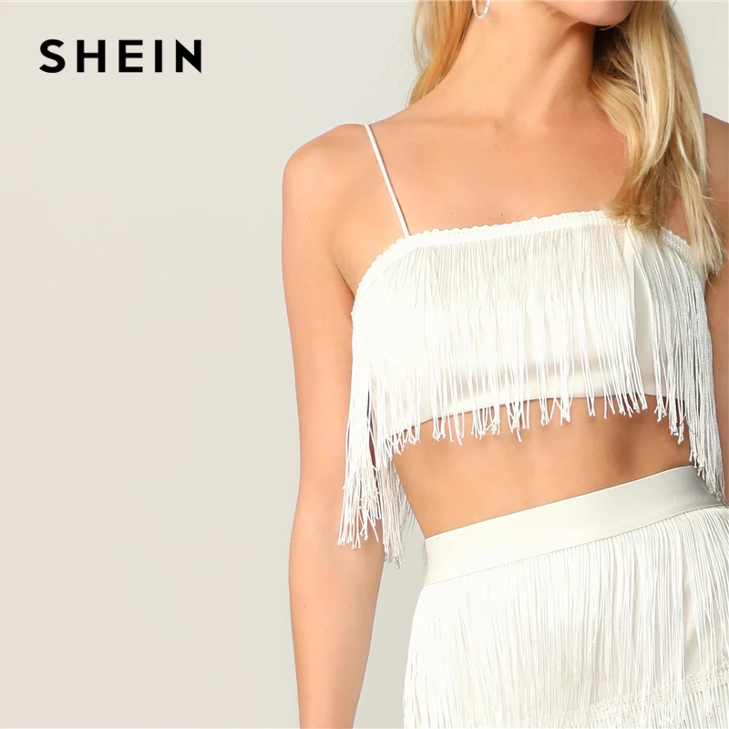 SHEIN Топ На Запах С Бахромой И Юбка На Запах Комплект Женский Летний Белый Гламурный Топ Без Рукавов И Юбка