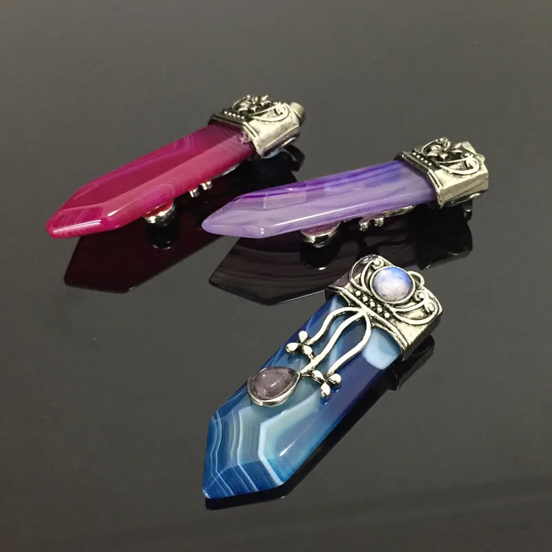 Antique Retro Opal Reiki Natural Stone Sword Pendants Pendulums Flower Charm Real Rosy Blue Stripe Agates Women Jewelry | Украшения и
