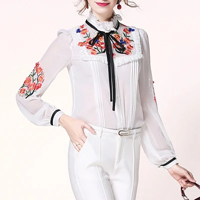 White Silk Shirt Высококачественная Женская атласная блузка, рубашка, Женская Новая Винтажная рубашка с длинным рукавом, с вышивкой, в стиле Корта, шелковые блузы, рубашки, женские топы - Цвет: White Silk Shirt