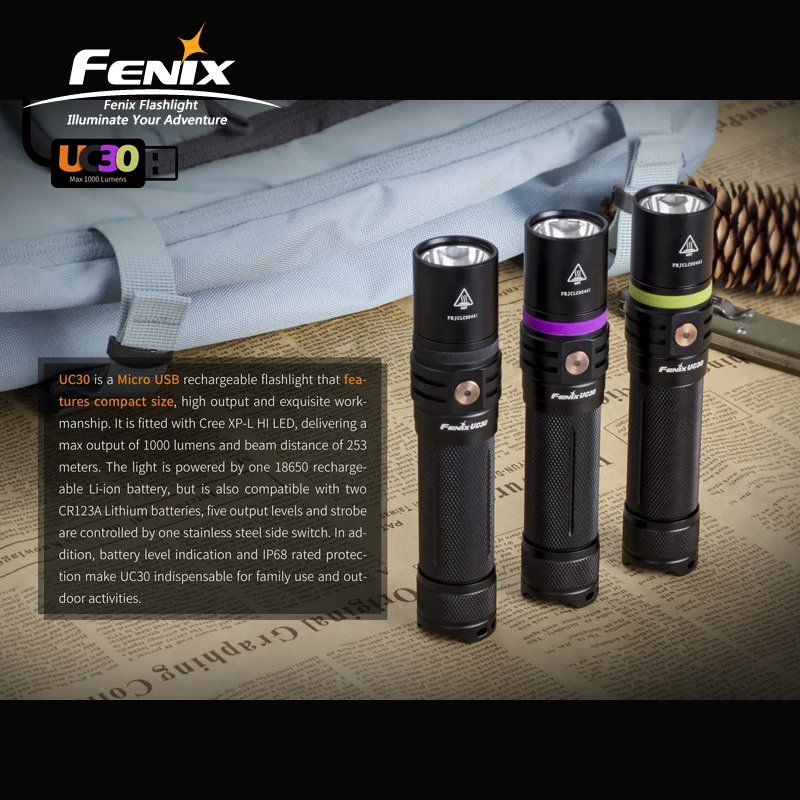 1000 люмен фонарик Fenix UC30 2017 Cree XP-L HI V3 светодиодный перезаряжаемый Micro USB с батареей