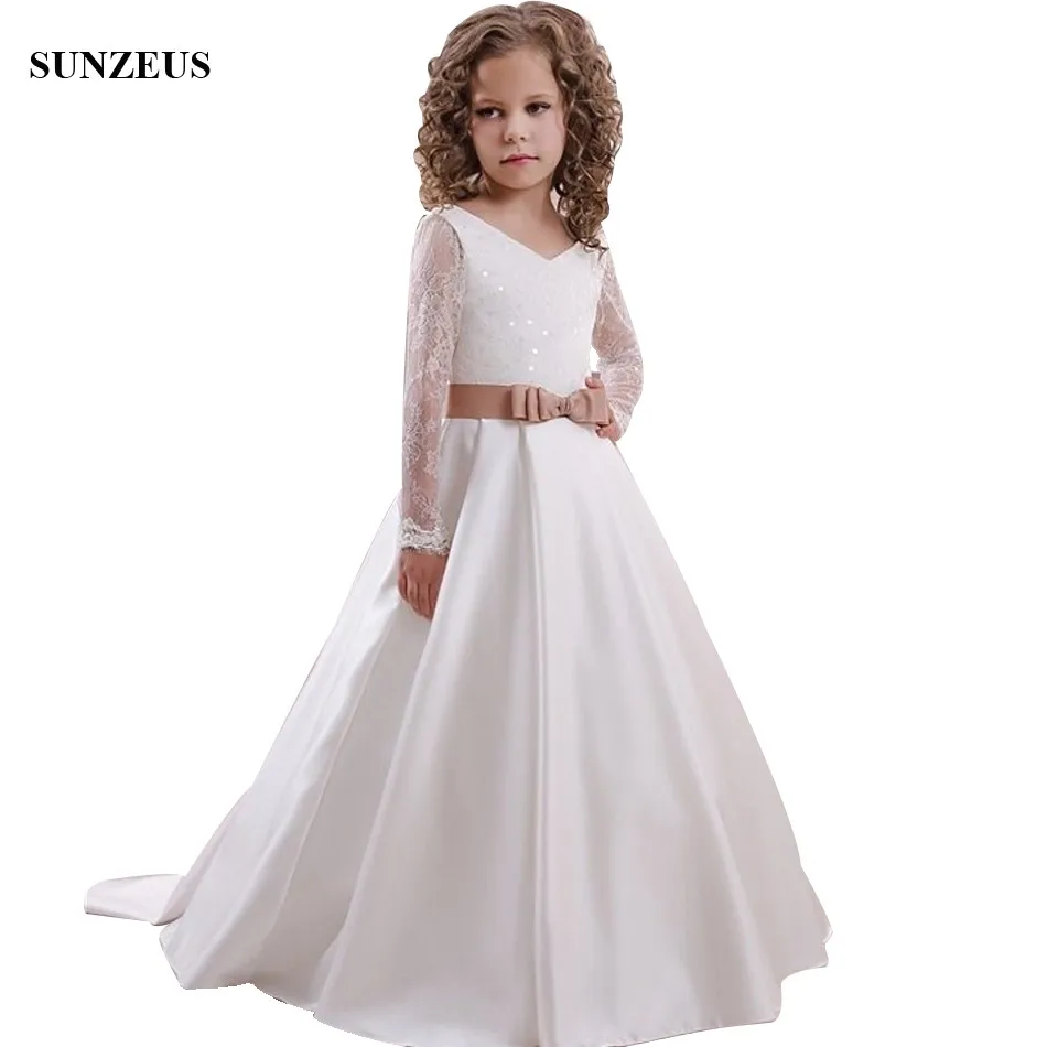 

Lace Long Sleeve Flower Girl Dresses With Sequins A-line V-neck Long Satin Children Wedding Party Dress robe fille FLG112