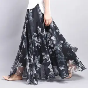 Летняя винтажная шифоновая юбка-макси в богемном стиле с цветочным принтом, пляжная юбка в пол в стиле бохо, 2022