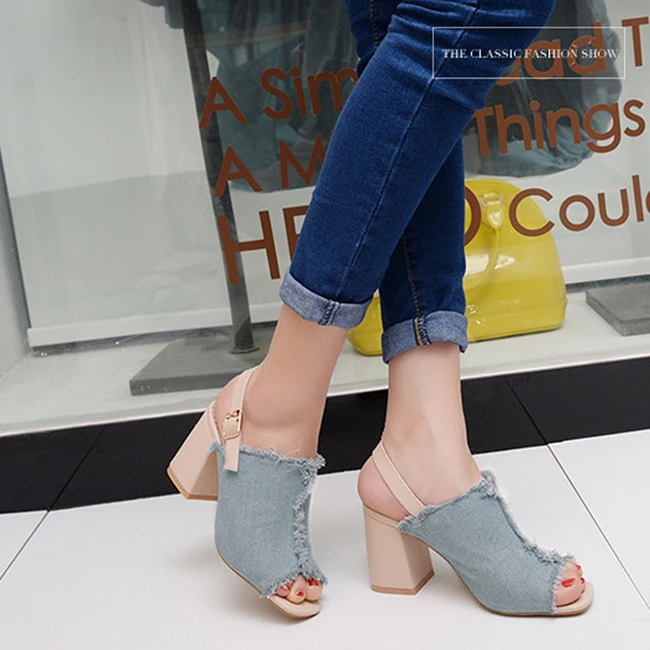 Vogue Denim High Heel Women Mules Peep Toe Pumps Heels Back Strap Fringe Summer Sandals Shoes SWC0020 | Обувь