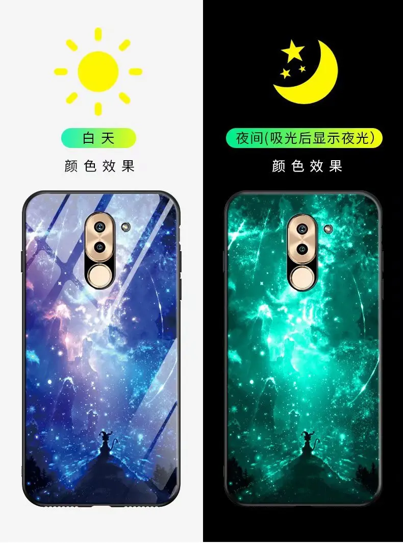 For Huawei Honor 6X Case Luxury Luminous Pattern Hard Tempered Glass Protective Back Cover for huawei honor6X phone shell |