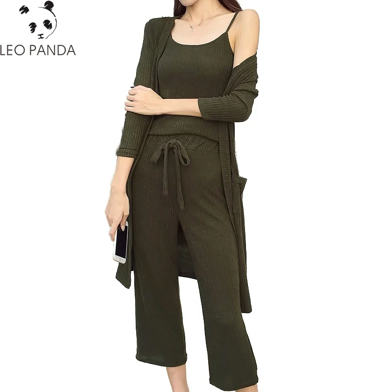 New Spring Summer Three pieces Set Women's Long sleeved Cardigan + Knitted Camisole Wide Leg pants Female Suit Clothing CY276 | Женская