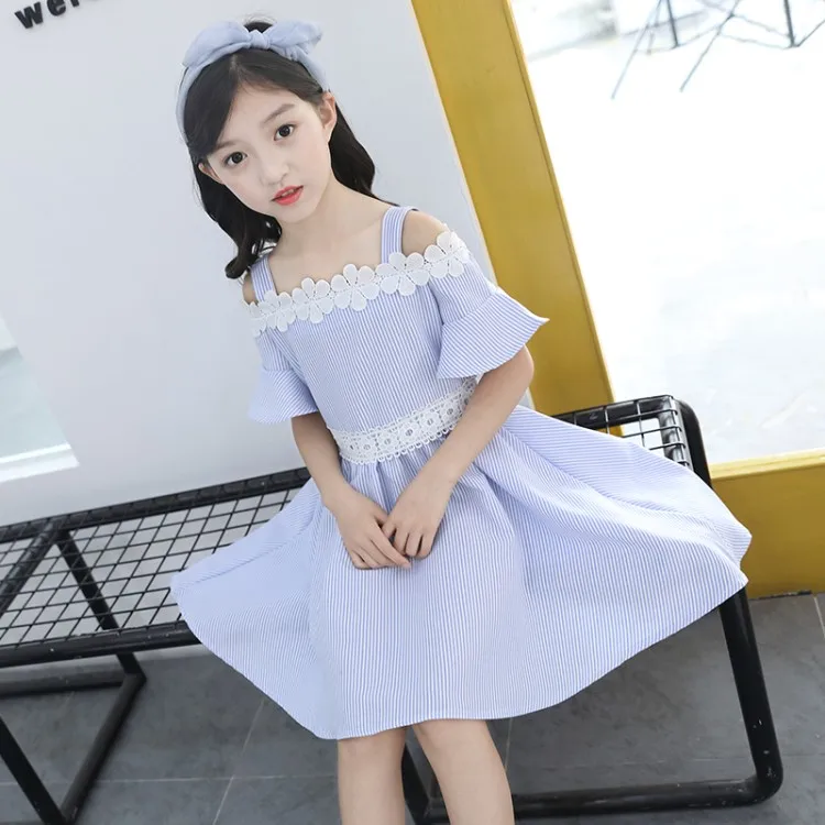 girls new fashion off-the-shoulder striped dress children flare clothing child lacework clothes baby shoulderless dresses | Детская
