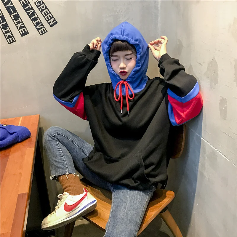 Для женщин кофты японский Harajuku Ulzzang Bf Colorblock толстовка с капюшоном женские