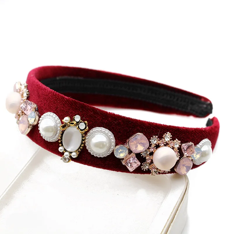 N Pink Wine Velvet Европейские винтажные аксессуары для волос Роскошный Черный Фиолетовый кристалл барокко лента для волос Элегантные Стразы Бриллиантовая розовая Женская повязка на голову - Окраска металла: N Pink Wine Velvet
