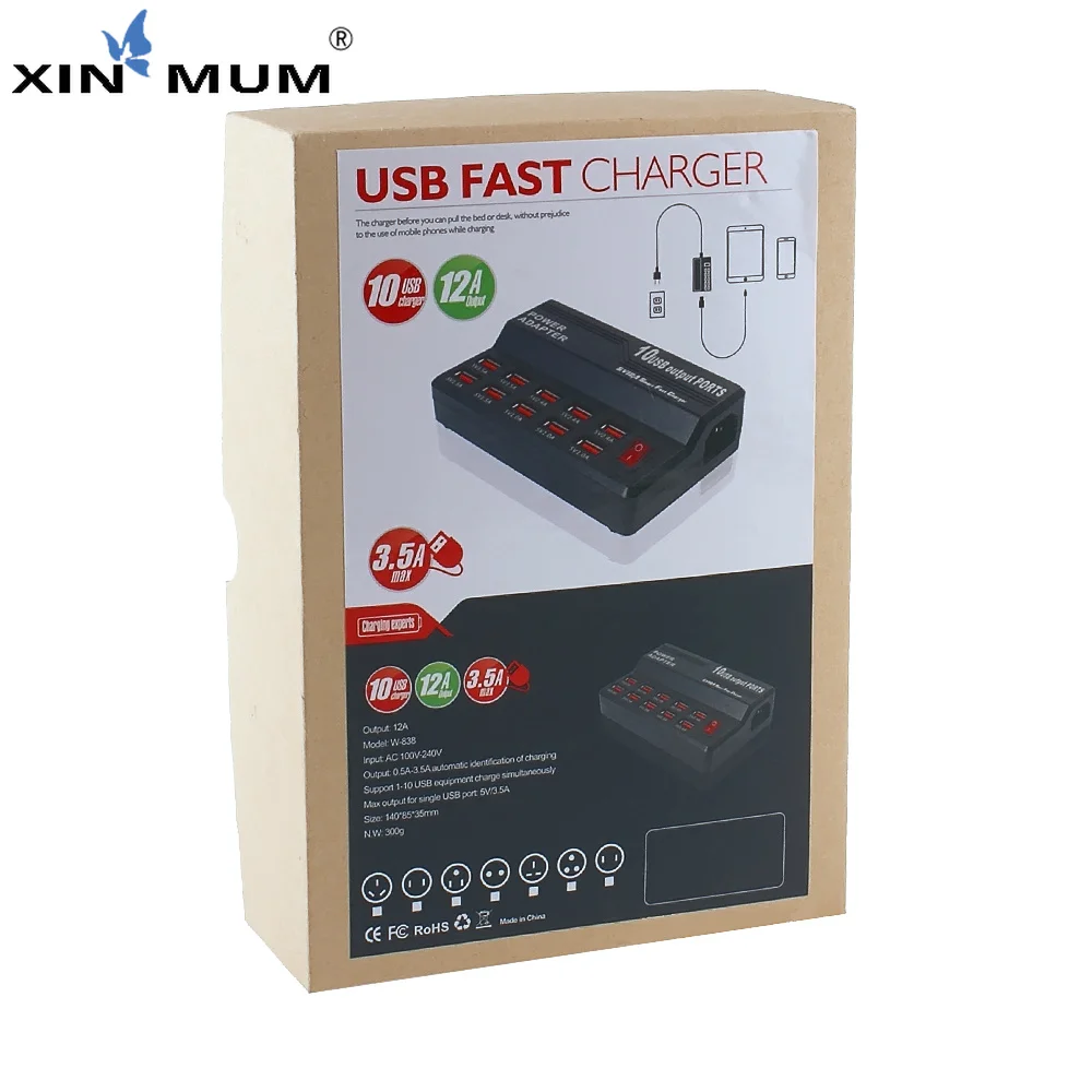 US/EU/UK/AU разъем 5В 12A 10 Порты интеллигентая (ый) Зарядка через USB станции переменного