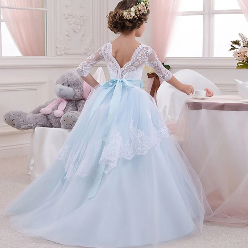 Long Formal Dresses for Girls Party Luxury V-Backless Lace Dress Princess Costumes Flower Girl Wedding Evening Gowns | Детская одежда и