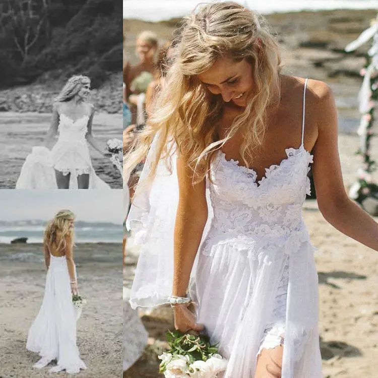 Romantic Summer 2019 Beach Boho Evening Dress Low to High Chiffon Deep V-Neck Spaghetti Strap Lace Bridal Long Dresses | Свадьбы и