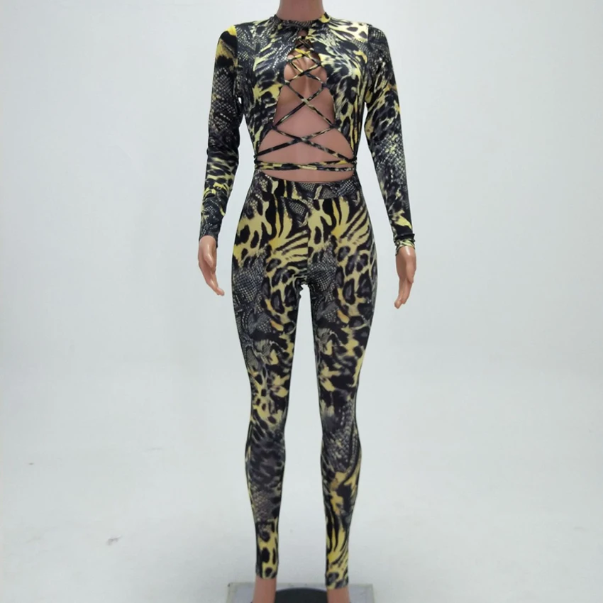 

Leopard Snake Print Youtube ins fashion Hollow Out Jumpsuits For Women Sexy club Bodycon Rompers Long Jumpsuit Party beachwear