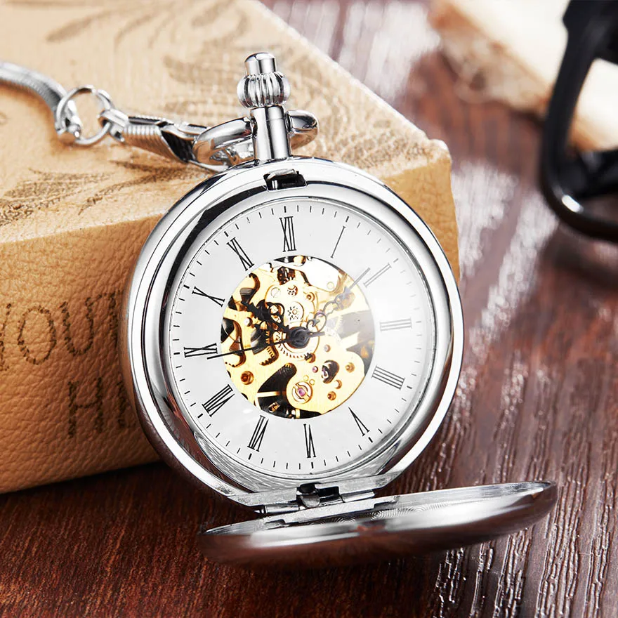 Luxury Sliver Mechanical Pocket Watch Men Women Clock Skeleton Dial Flip Golden Color Double Dual Case Copper FOB Chain Watches
