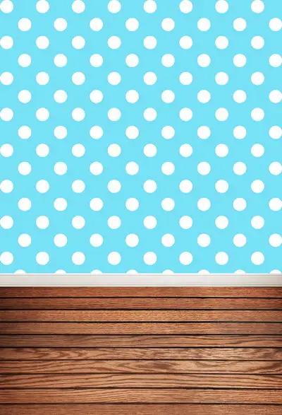 Виниловые тканевые фотофоны в синий и белый горошек с деревянным полом для