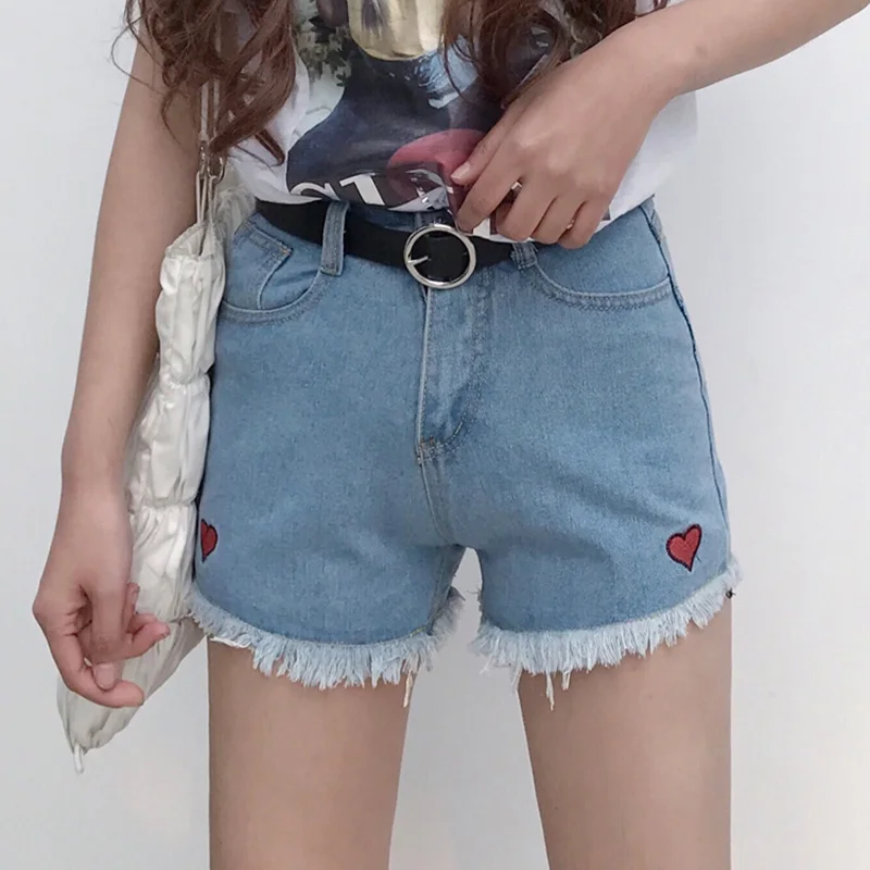 Новые летние ulzzang Harajuku Свободные сердце вышивка женские джинсовые шорты большие размеры прямые kawaii комплект эластичной одежды с шортами женские