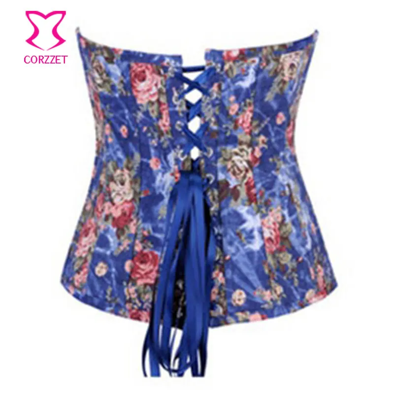 Женское нижнее белье корсет из голубой джинсовой ткани с цветочным принтом|lace up