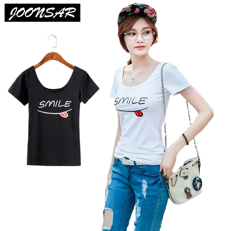 Лето 2017 г. Повседневная Low-Cut Сексуальная футболка U шеи короткий рукав топы белого