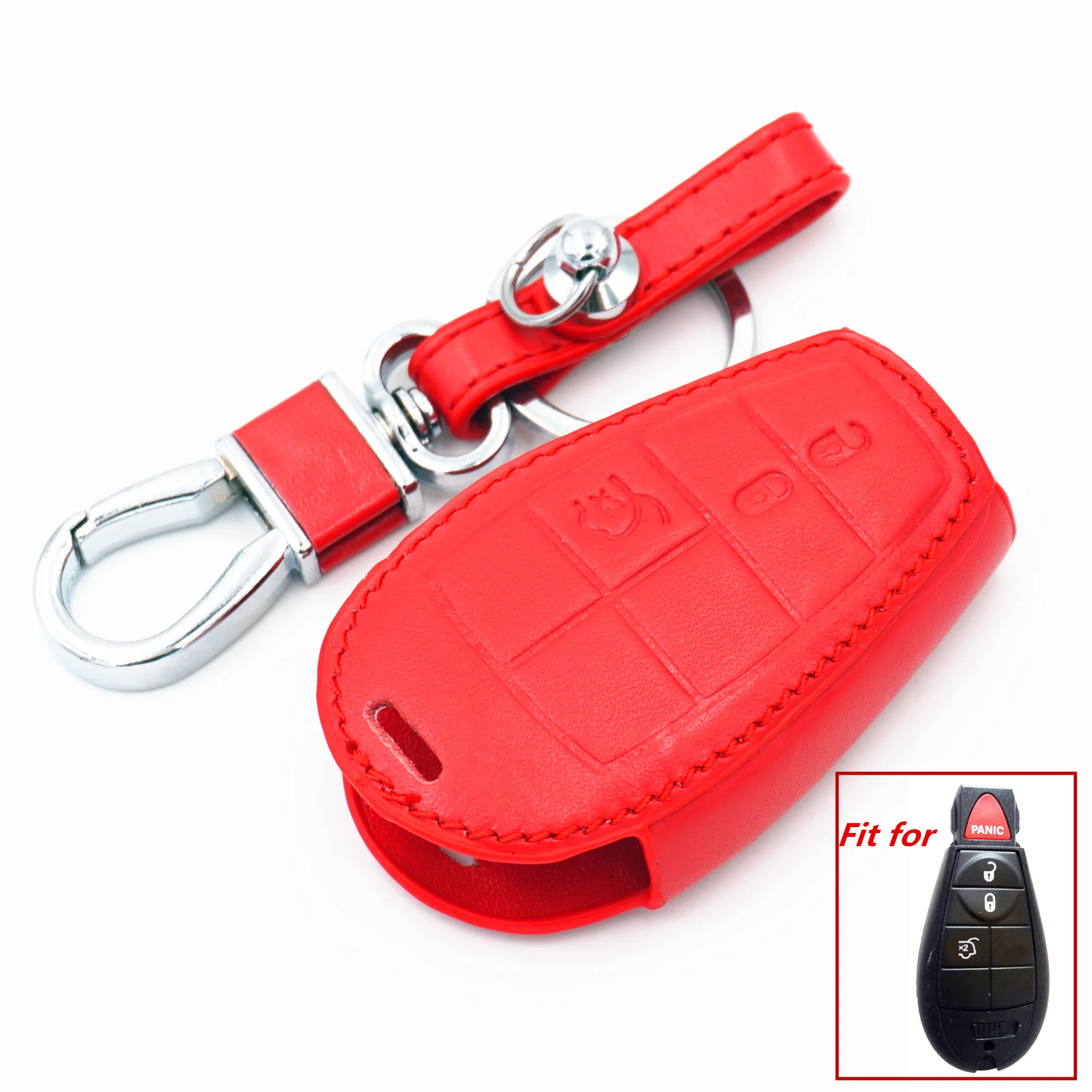 

WFMJ Red Leather 4 Buttons Smart Remote Key Chain Cover Case Fob for Jeep Commander Grand Cherokee Chrysler 300