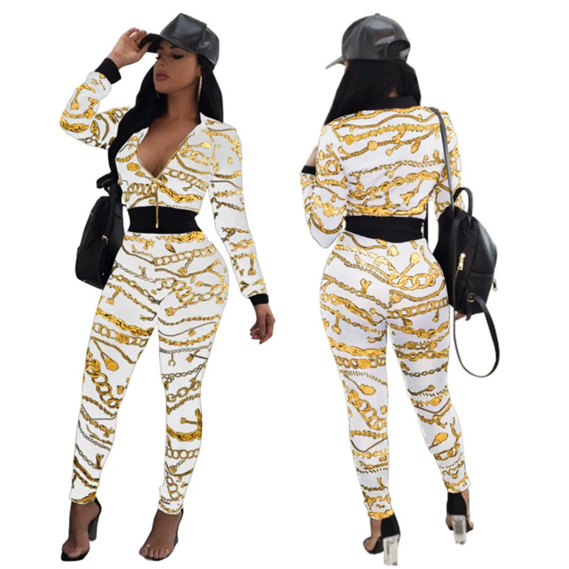 

Women Two Piece Set Female Autumn Print Zipper Tracksuit Top+Long Leggings Pants Ladies Long Sleeve Outfit Femme Sporting Suits