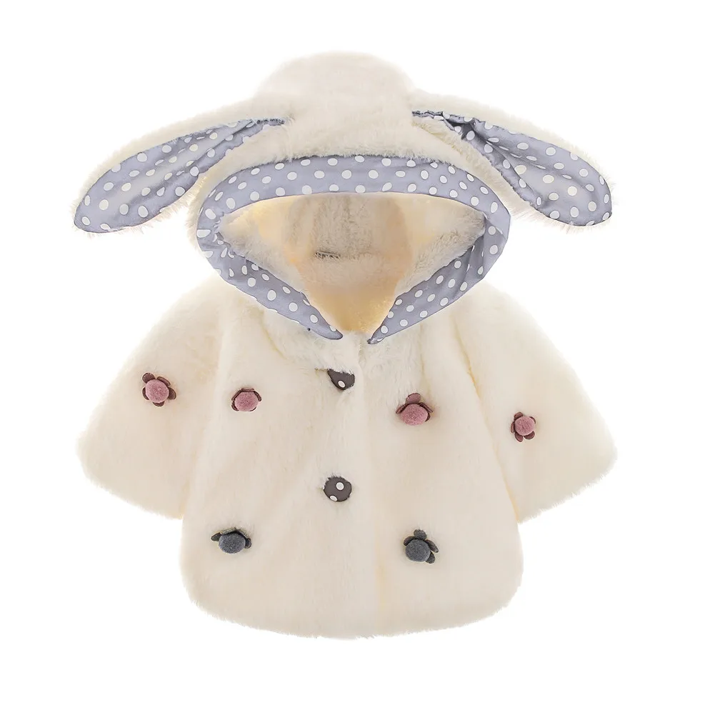 

cute baby fur coat solid rabbit ears style hooded warm coat jacket for 0-24month baby newborn infant Winter warm coat clothes