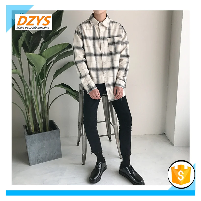 

DZYS-ZF Spring Retro Plaid Hem Long Sleeve Tip Collar Shirt Youth Shirt