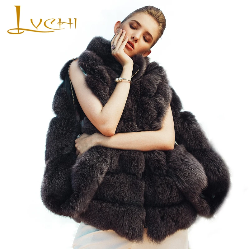 

LVCHI Simple real fur fox Female waistcoats,Vintage Roman gray loose wide-waisted Bat sleeved Genuine fur coat,new furs vest