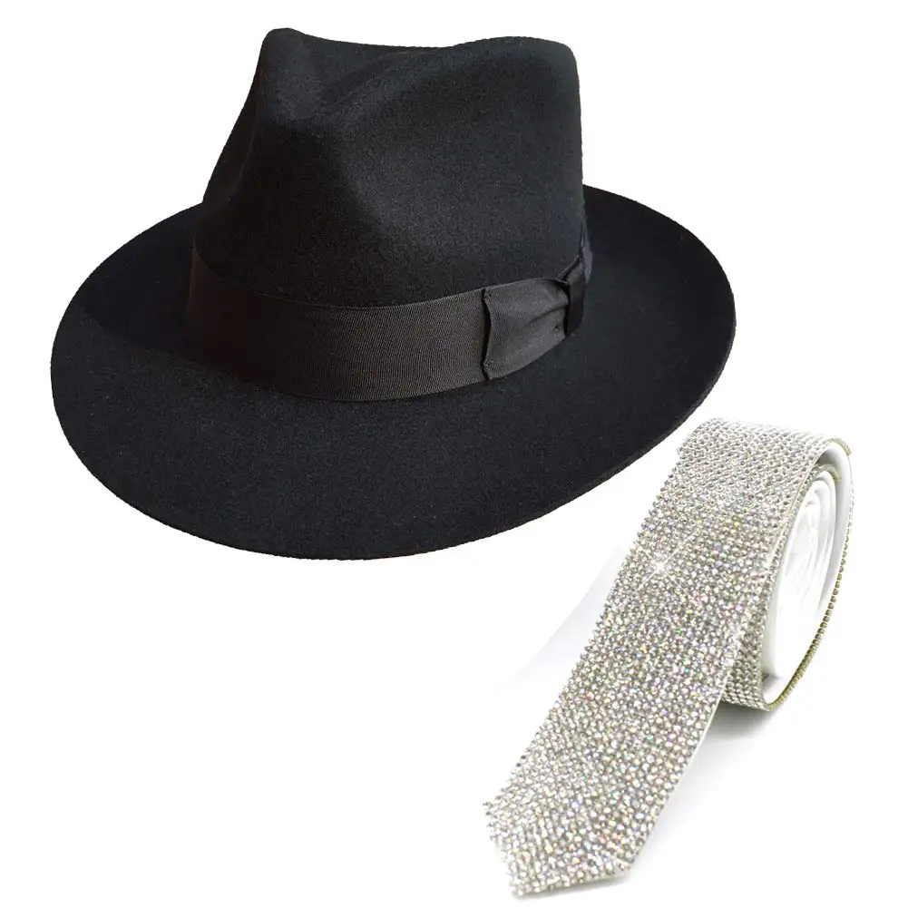 MJ Michael Jackson Fedora Hat with Laser Crystal Rhinestone Necktie Party Performance Collection