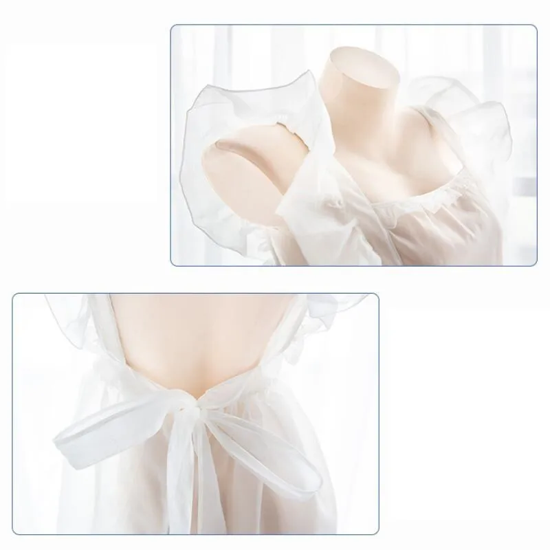 

Maid Kawaii Lolita Girl Transparent Apron Short Skirt Smock White Lace Sexy Bandage Nightdress Female Bow Bubble skirt Underwear
