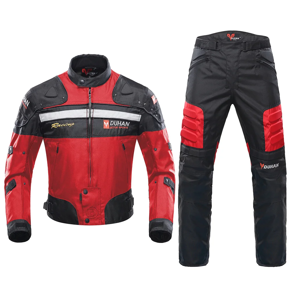Red Suit DUHAN ветрозащитный мотоциклетный гоночный костюм защитное снаряжение броня мотоциклетная куртка+ мотоциклетные штаны хип-протектор мото комплект одежды - Цвет: Red Suit