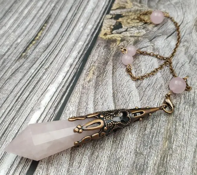 rose quartz YA3976 Античная бронзовая крышка аметисты лабрадорит камень Точка Исцеление Маятник цепь - Окраска металла: rose quartz