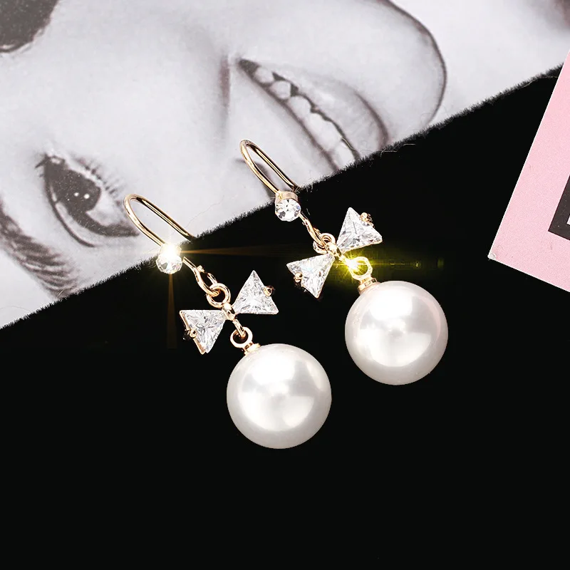 Korean delicate zircon bow earrings feminine temperament girl heart Pearl eardrops simple short hair Earrings | Украшения и