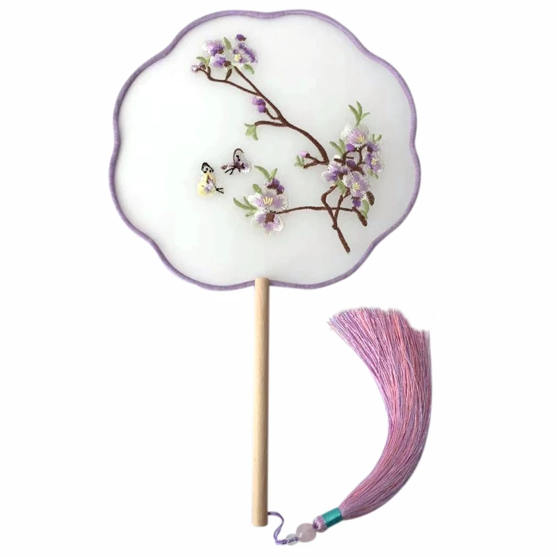 Китайский стиль вышивка шелк круговой вентилятор круглый Женский Длинная ручка