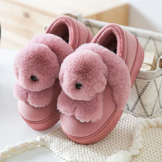Nude Pink Rabbit Милые Спальня Flatforms мех мягкий зима Нечеткие Для женщин Дом пушистые забавные плюшевые тапочки кролик Pom широкий покрой обувь дамы пушистый розовый - Цвет: Nude Pink Rabbit