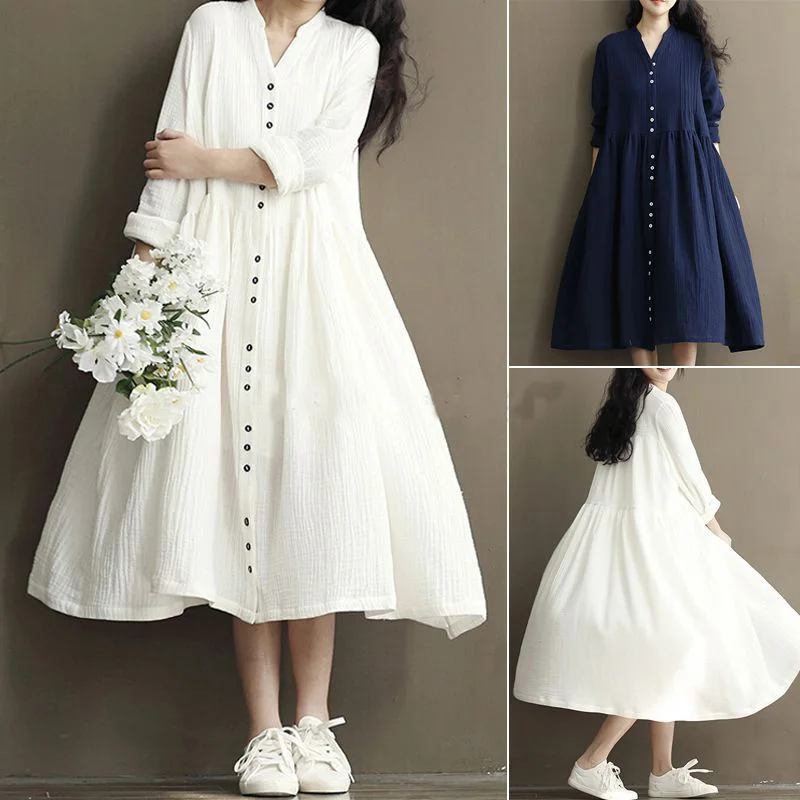 Модная женская Свободная хлопковая льняная туника с длинным рукавом