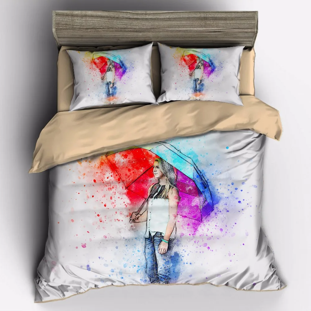 Dream NS Colorful Beard Set Chic Design Bedspreads Modern Art - Girls In The Rain Painting Duvet Cover US EUR AU Size | Дом и сад