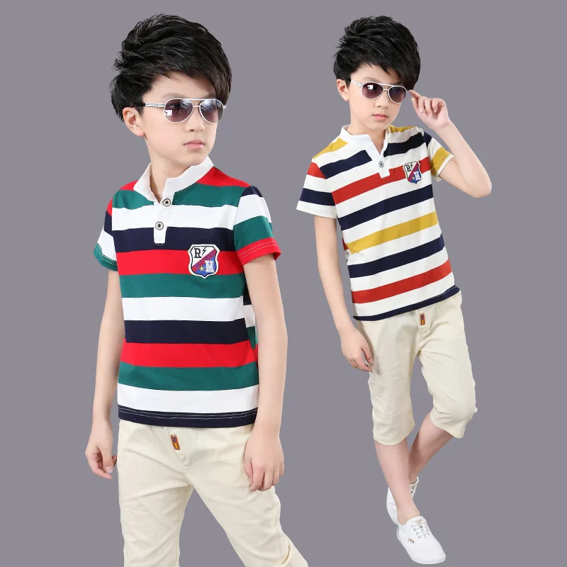 Size 4 6 8 10 12 14 Years 2019 Summer Boys Cotton Clothing Sets Kids big Striped T-shirt + Pants 2 Pieces Tracksuit ForBoys | Детская