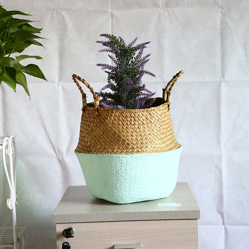 WHISM Seagrass Wickerwork Flower Basket Decorative Flower Pot Planter Hanging Flowerpots Woven Laundry Storage Basket Home Decor
