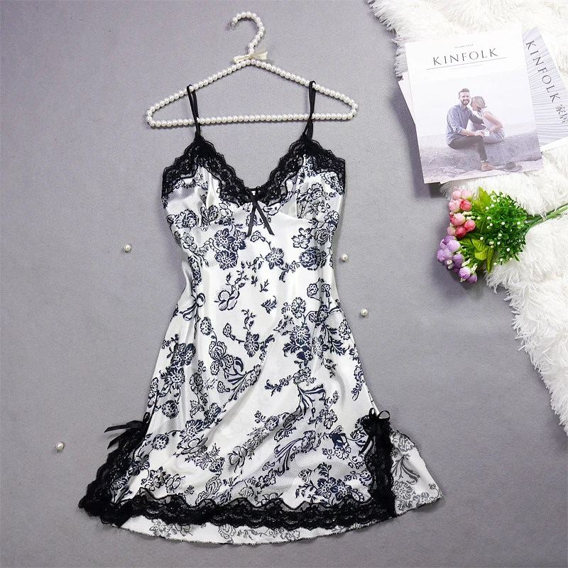 White Black PIGIAMA женские ночные рубашки 13 цветов шелковое Пятнистое домашнее платье пижамы с v-образным вырезом на бретелях пижамы женский халат ночные рубашки и пижамы - Цвет: White Black