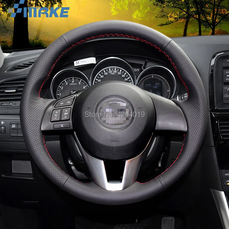 

For Mazda Axela 14-16 CX-5 ATENZA Black Leather DIY Hand Sewing steering wheel cover car accessories