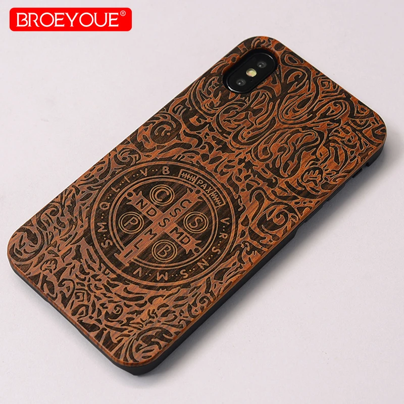 BROEYOUE Wood Case For iPhone X 7 8 Plus 6 6S Phone Covers PC Frame Wooden Back Carving Fundas 5S SE |