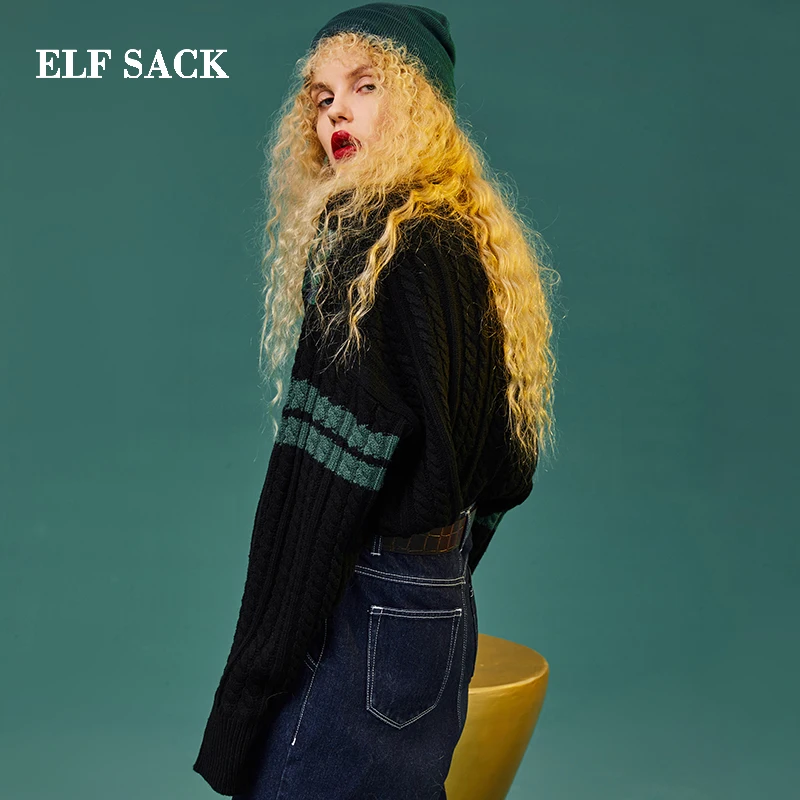 ELF SACK Winter Warm Woman New Sweater Casual Full V-Neck Women Pullovers Color Patchwork Stylish Femme Hand Knitted | Женская одежда