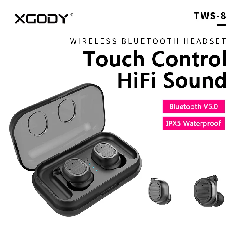 XGODY TWS 8 Bluetooth 5 0 сенсорное управление IPX5 водонепроницаемые наушники беспроводные