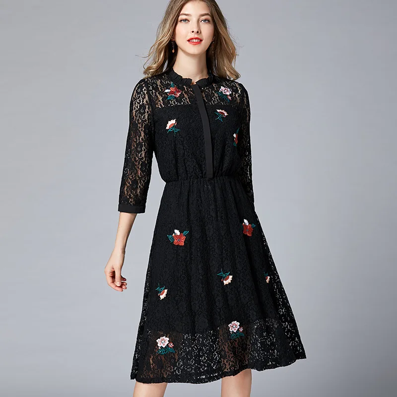 

Ladies elegant Embroidery lace dress female waist belt slim sexy party dress mandarin collar 3/4 sleeve casual vestidos L-5XL