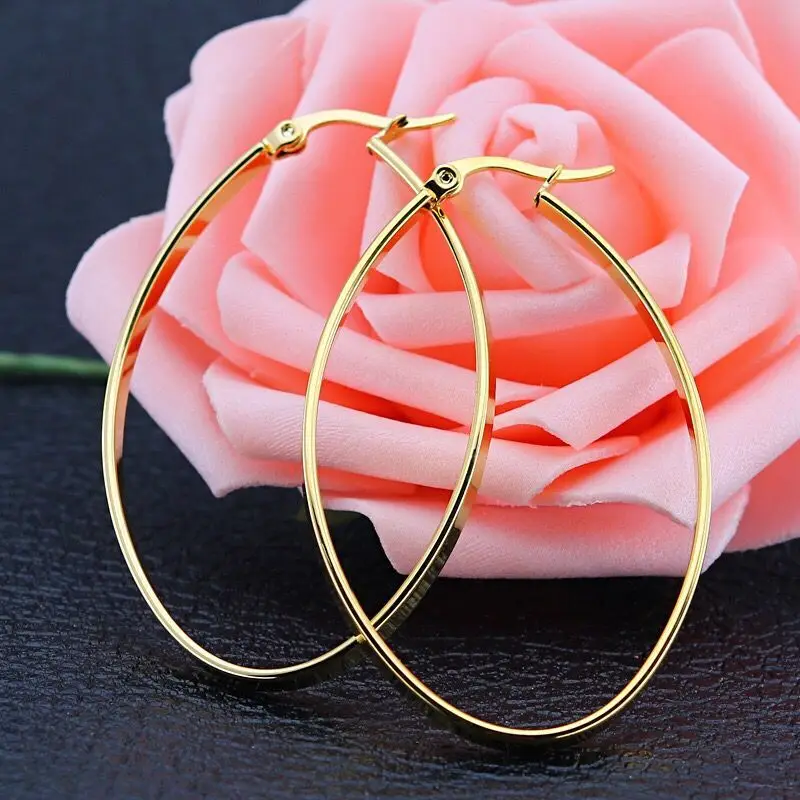 Wholesale Jewelry -(3pairs/Lot) Titanium steel Smooth Oval Circle Hoop Earrings For Women Fashion Gold Color 3 Size | Украшения и