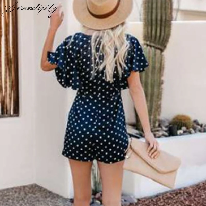 

Women Short Jumpsuit Romper Office Lady Blue Summer High Street Playsuit Streetwear Elegant Fashion Romper Dot V Neck Sexy Woven