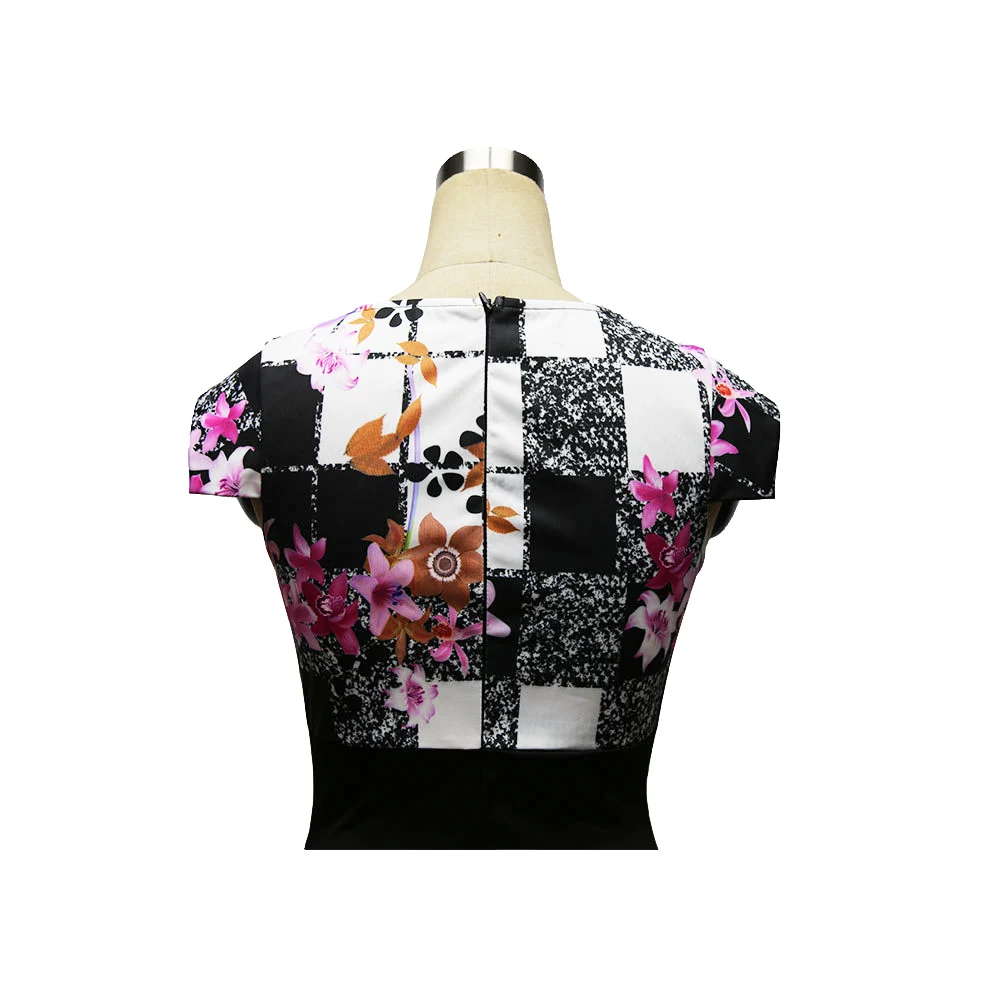 Reaqka Patchwork Womens Office Dress 2018 Vintage Brief Bottom Elegant Print O-Neck Bodycon Women Pencil Work | Женская одежда