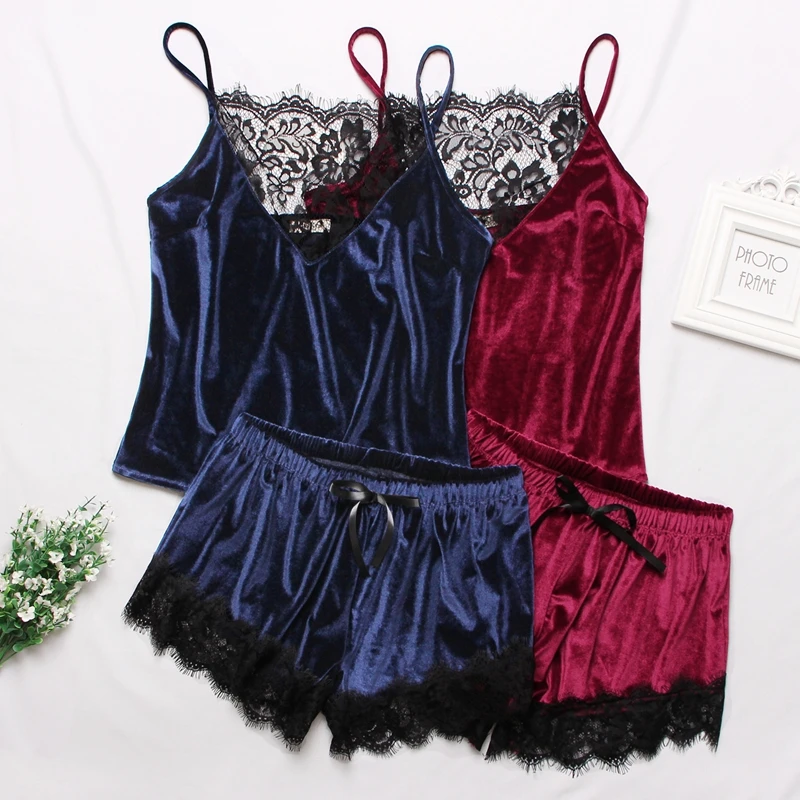 

Women Velvet Pajamas Set Sleepwear Sexy Casual Pajama Set Black Lace V-Neck Pyjamas Sleeveless Cute Cami Top and Shorts