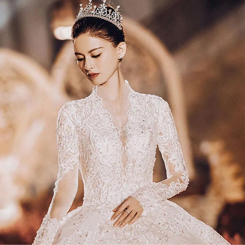 White Floor length Кружевное свадебное платье с длинным рукавом и длинным шлейфом, свадебное платье для невесты размера плюс, настоящая фотография, свадебное платье, vestido de noiva boho - Цвет: White Floor length