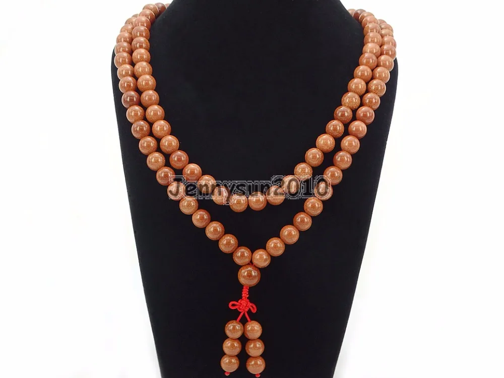 

Natural Gold Sand 10mm Gems Stone Buddhist 108 Bead Prayer Mala Long Necklace Multi-Purpose Bracelet Necklace 5Strands/Pack