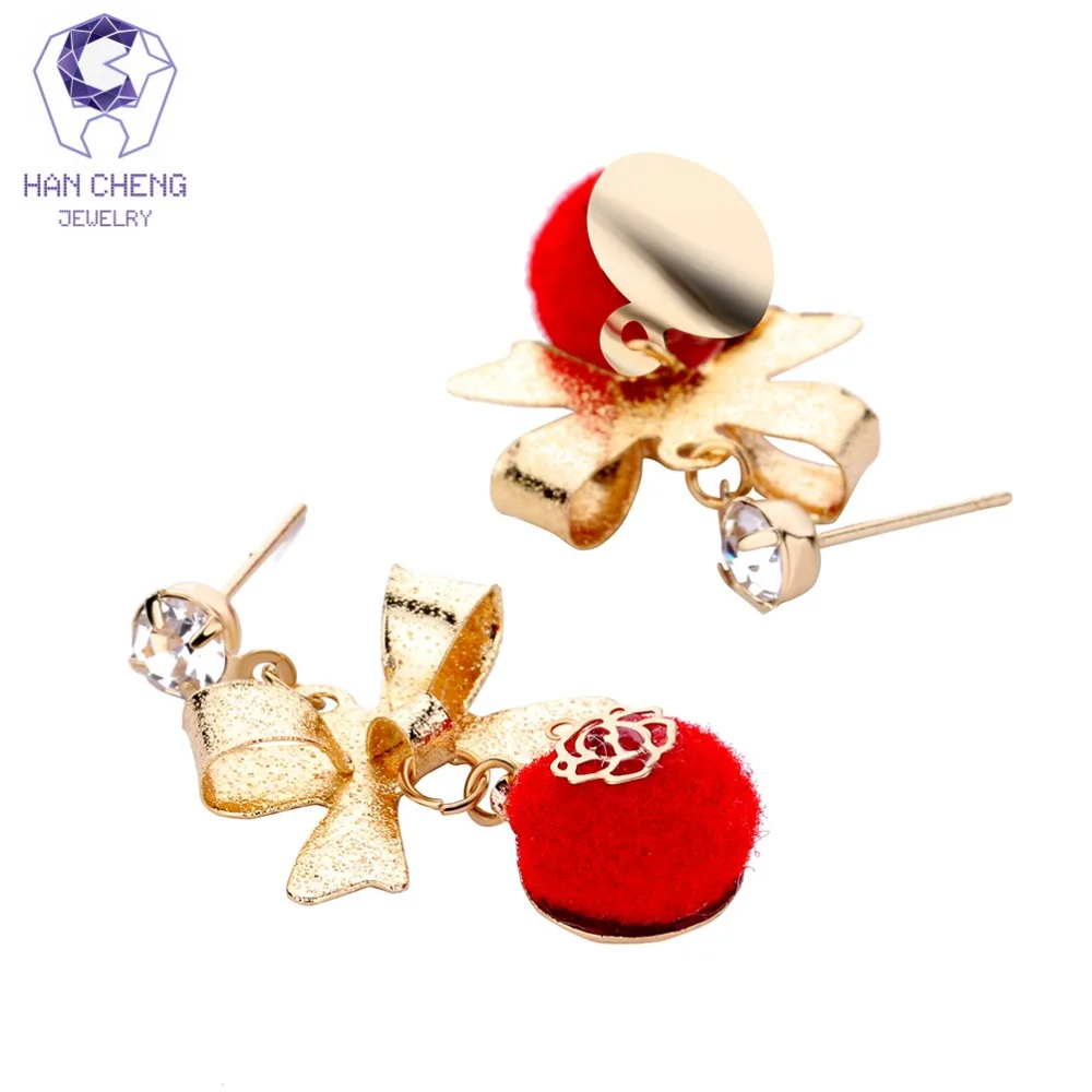 HanCheng новые модные красные Висячие круглые серьги Стразы золотые цветы Бант для